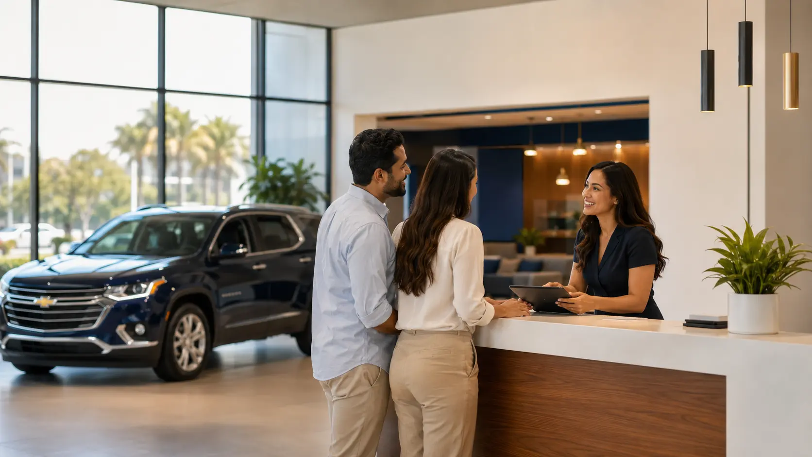 Cliente recibiendo atención personalizada en oficina Budget Ecuador junto a un vehículo de alquiler, ideal para viajes de turismo, negocios y movilidad corporativa.