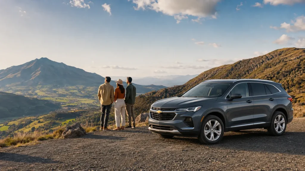 SUV Chevrolet en mirador de montaña en Ecuador, ideal para viajes turísticos, rutas escénicas y aventuras por carretera.