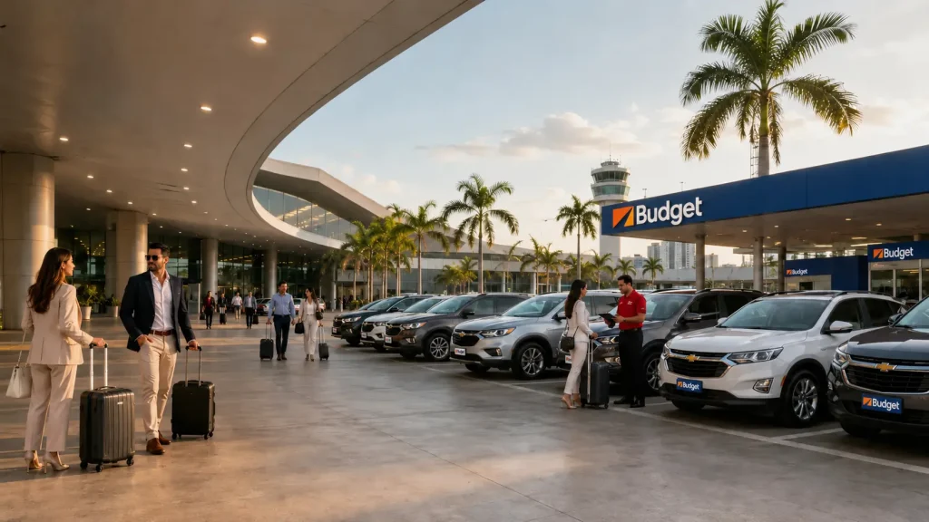 Viajeros retirando vehículos Budget en el Aeropuerto José Joaquín de Olmedo de Guayaquil para turismo, negocios y movilidad corporativa.