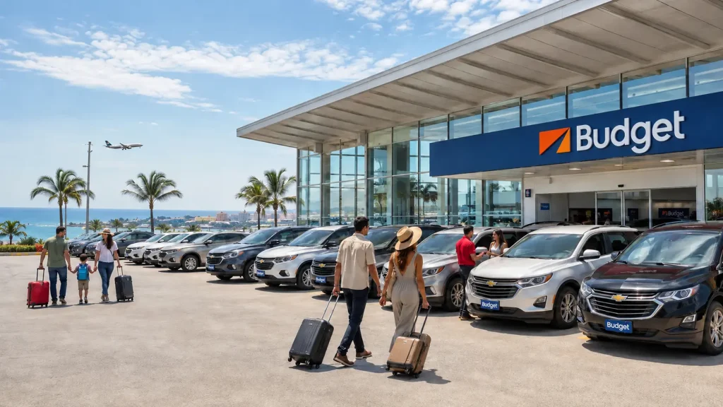 Viajeros retirando vehículos Budget en el Aeropuerto Internacional Eloy Alfaro de Manta para recorrer Manta, Manabí y la Costa ecuatoriana.