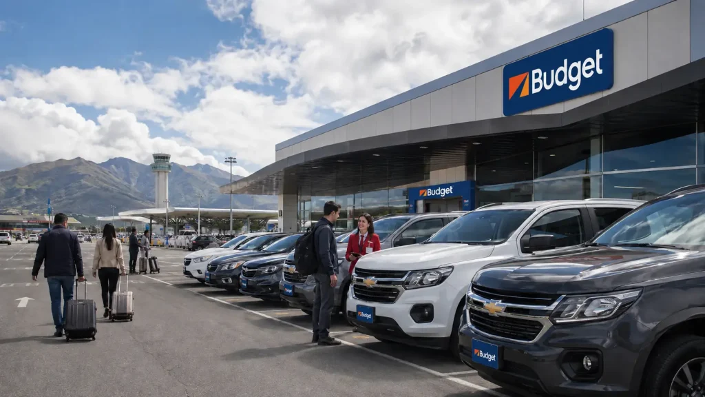 Viajeros retirando autos Budget en el Aeropuerto Internacional Mariscal Sucre de Quito para viajes de turismo y negocios.