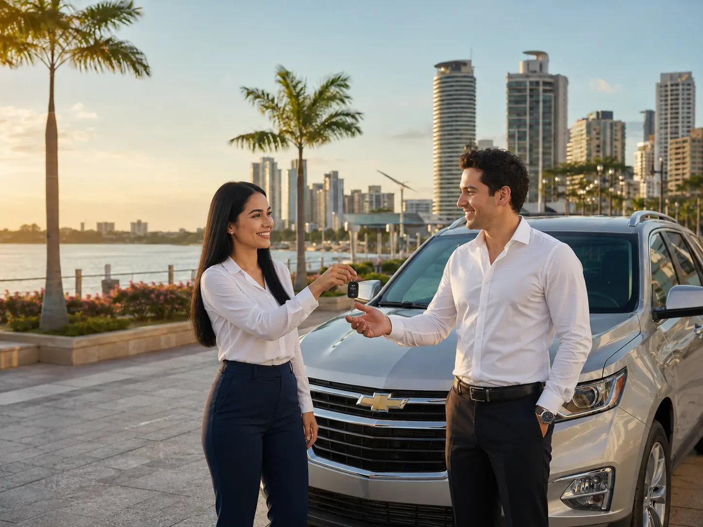 Entrega de auto de alquiler Budget en Guayaquil junto al Malecón y skyline de la ciudad