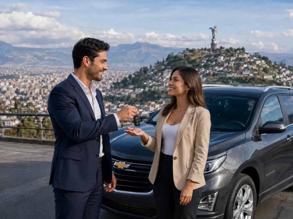 Quito: Entrega de auto de alquiler Budget en Quito con vista al Panecillo y la ciudad