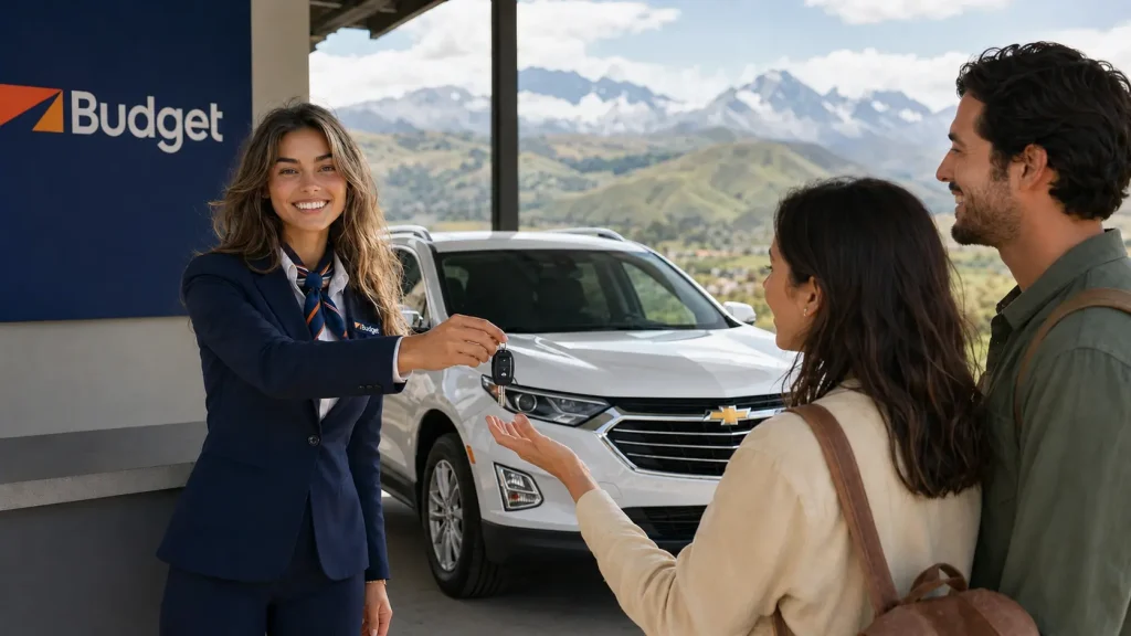 Asesora de Budget entregando un Chevrolet SUV para recorrer rutas en auto por Ecuador.