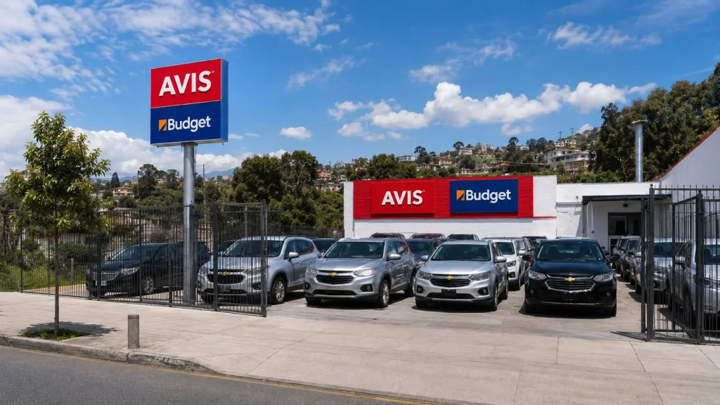 Patio de autos AVIS Budget junto a Santa Fe Torre Corporativa en La Coruña, Quito, con flota Chevrolet disponible para alquiler de vehículos en Ecuador.