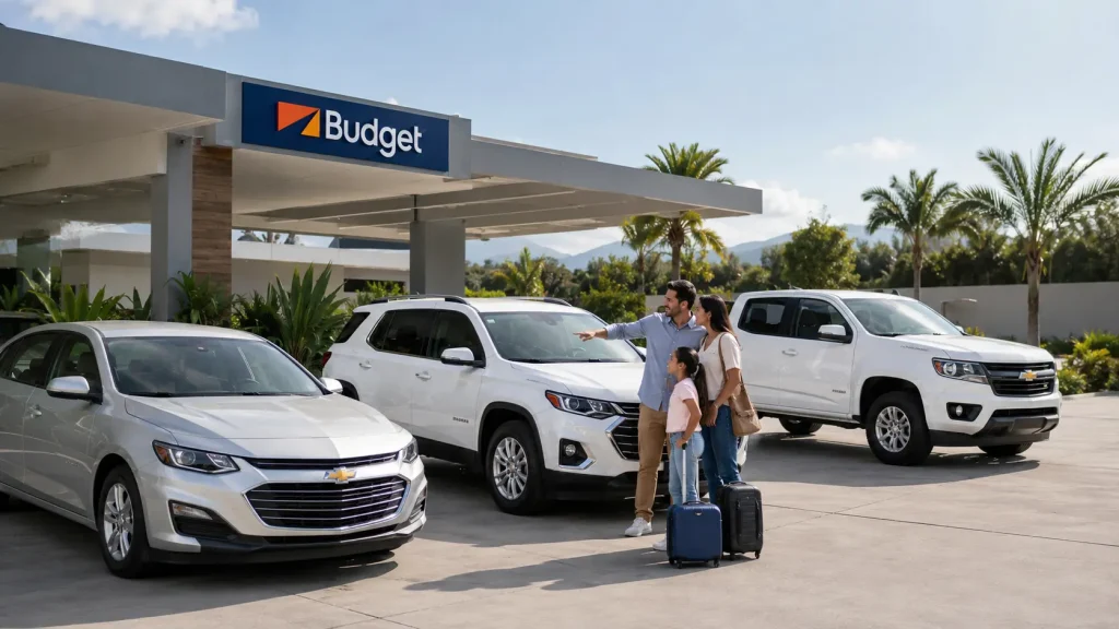 Familia eligiendo un Chevrolet de alquiler frente a una oficina Budget para viajar por Ecuador.