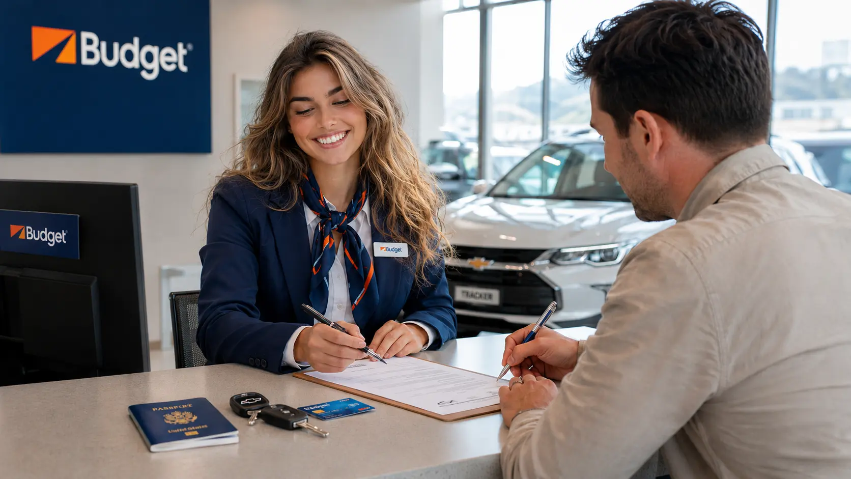 Persona firmando documentos para alquilar un auto en Ecuador con atención profesional.