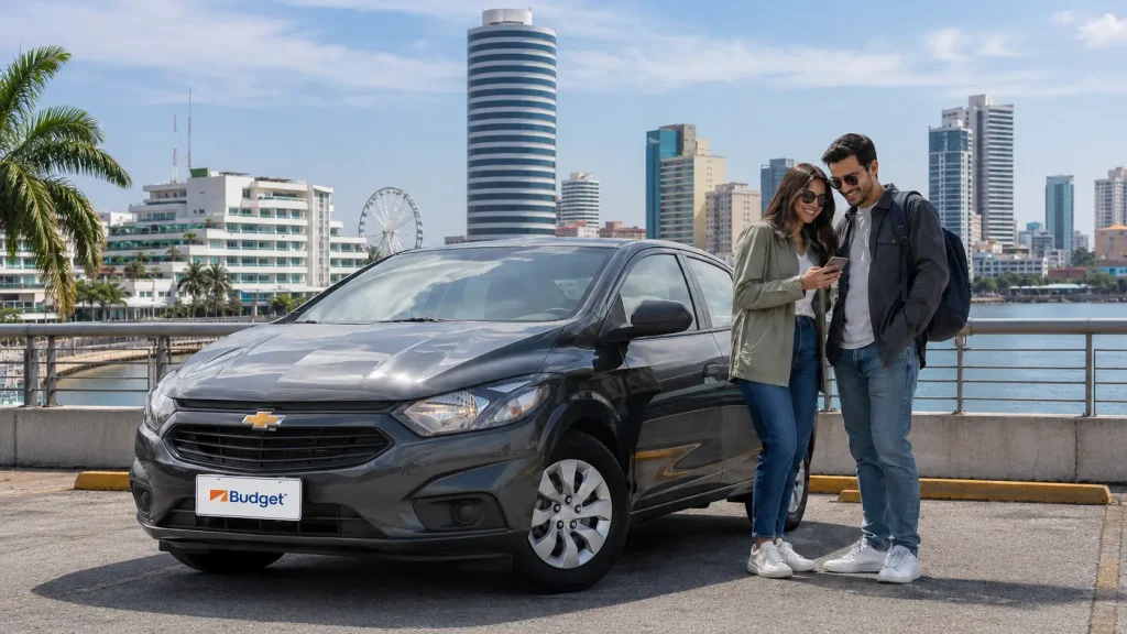 Pareja junto a un Chevrolet de Budget en Guayaquil, planificando su recorrido por la ciudad con un alquiler de autos económicos en Ecuador.