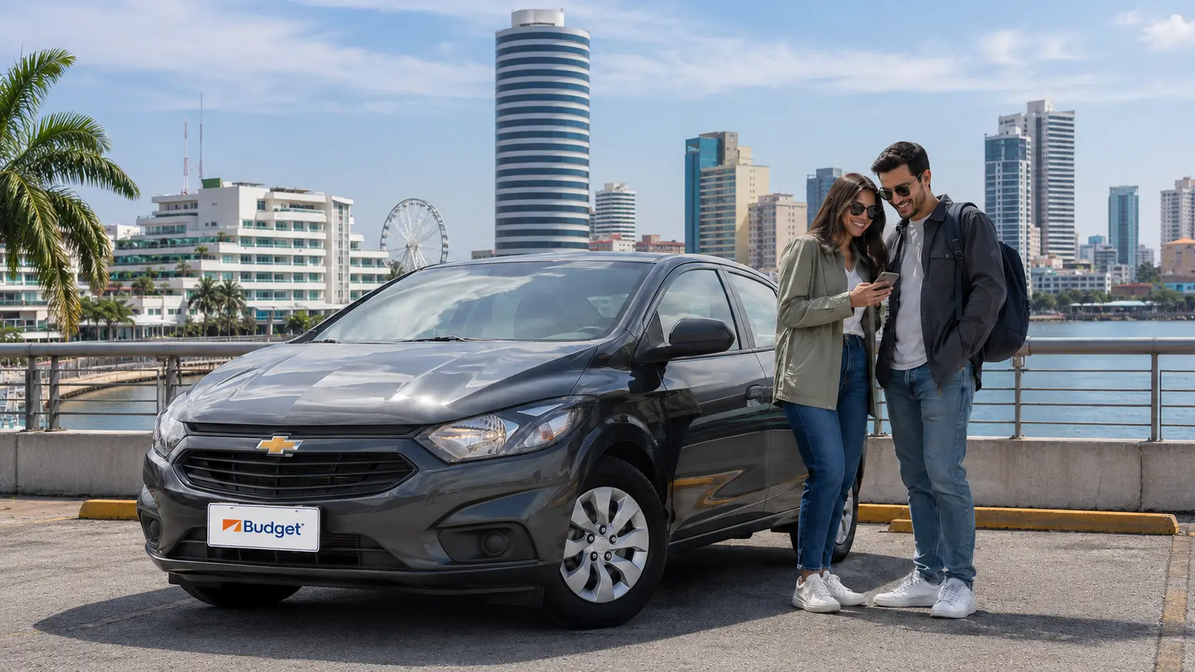Pareja junto a un Chevrolet de Budget en Guayaquil, planificando su recorrido por la ciudad con un alquiler de autos económicos en Ecuador.