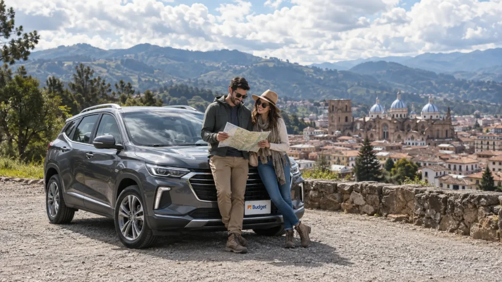 Pareja recorriendo Cuenca en auto con Budget, con vista del Centro Histórico y paisajes del Austro ecuatoriano.