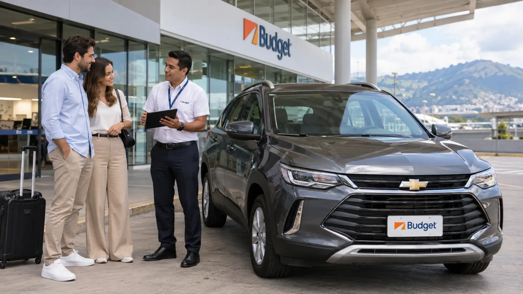 Cliente revisando el seguro de alquiler de autos en Ecuador junto a una SUV Chevrolet de Budget antes de iniciar su viaje.